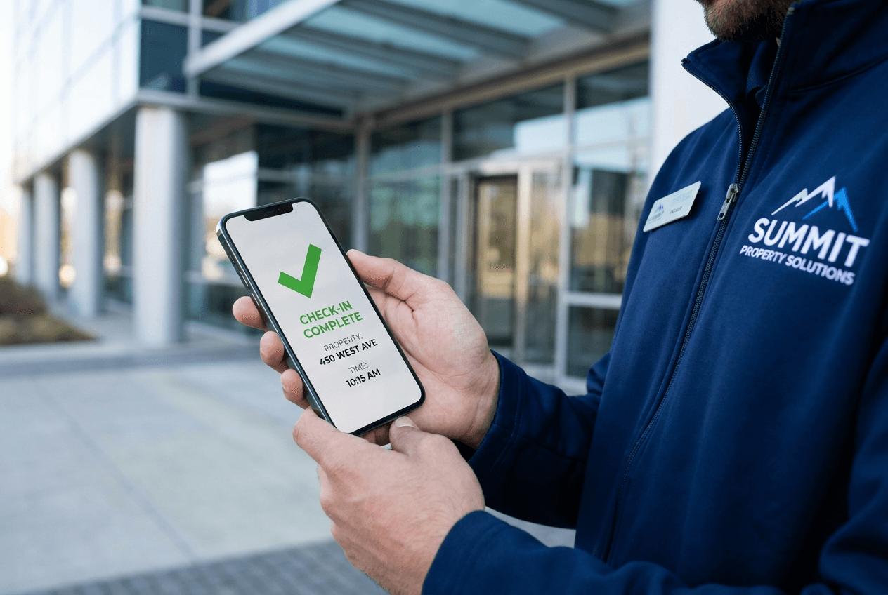 Vendor completing a GPS-verified property check-in on mobile