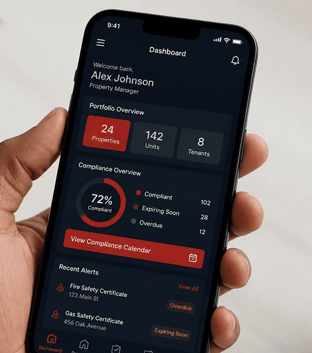 GroundsCheck360 mobile dashboard showing property compliance data