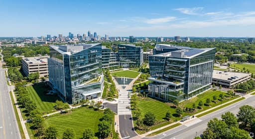 Modern commercial office campus with landscaped grounds