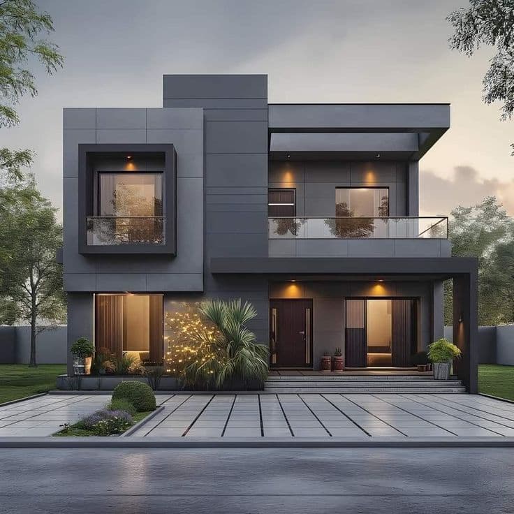 Modern property exterior at dusk
