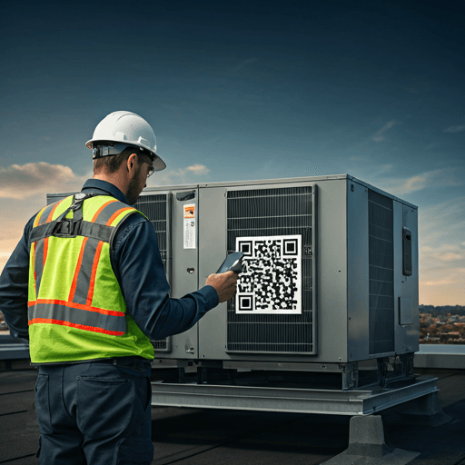 Field technician scanning a QR code on rooftop HVAC equipment for compliance verification